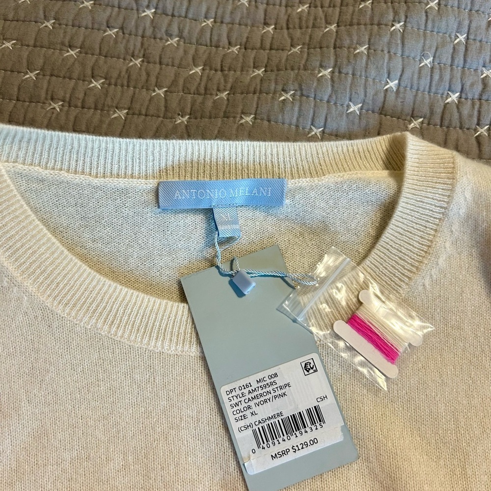 ANTONIO MELANI Women’s Cream and Pink Striped Cashmere Sweater Size XL - Picture 5 of 8